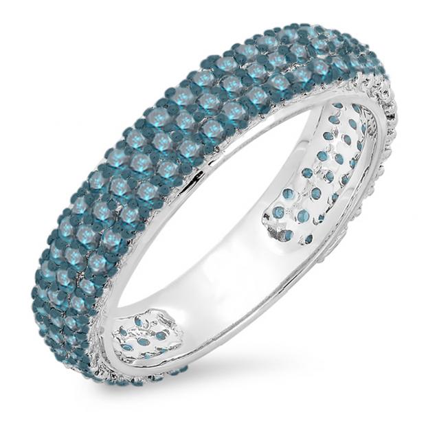1.30 Carat (ctw) 10K White Gold Round Blue Diamond Ladies Pave Set Anniversary Wedding Eternity Ring Band 1 1/3 CT