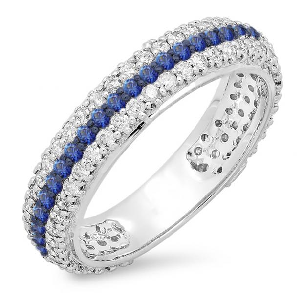 1.30 Carat (ctw) 14K White Gold Round White Diamond & Blue Sapphire Ladies Pave Set Anniversary Wedding Eternity Ring Band 1 1/3 CT