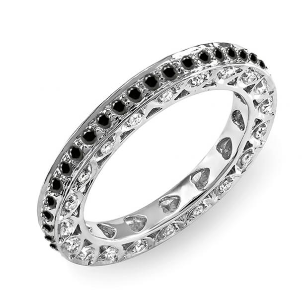 1.00 Carat (ctw) 14k White Gold Round White & Black Diamond Ladies Eternity Anniversary Wedding Band Stackable Ring 1 CT
