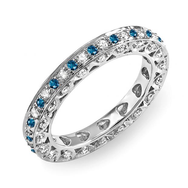 1.00 Carat (ctw) 14k White Gold Round White & Blue Diamond Ladies Eternity Anniversary Wedding Band Stackable Ring 1 CT