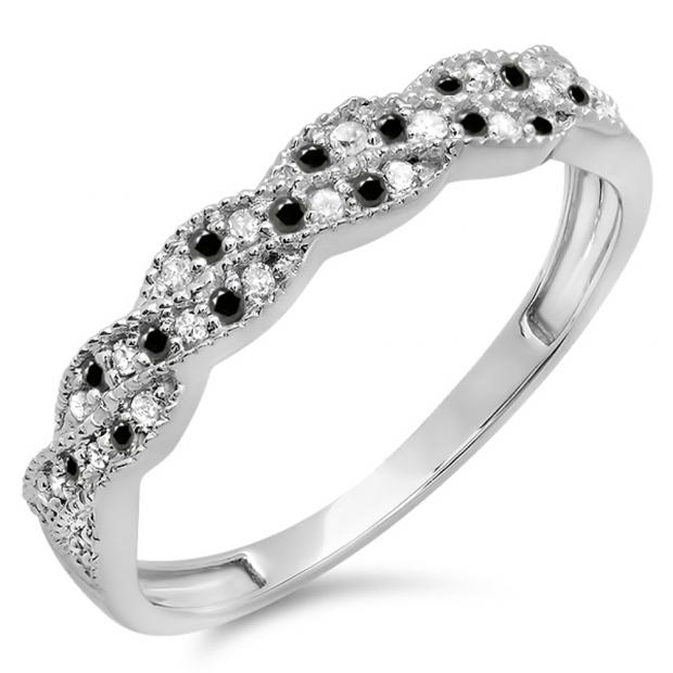 0.25 Carat (ctw) 10k White Gold Round White & Black Diamond Ladies Anniversary Wedding Stackable Band Swirl Ring 1/4 CT