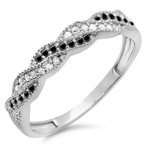 0.25 Carat (ctw) 14k White Gold Round White & Black Diamond Ladies Anniversary Wedding Stackable Band Swirl Ring 1/4 CT