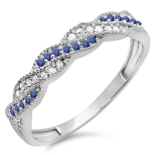 0.25 Carat (ctw) 14k White Gold Round White Diamond & Blue Sapphire Ladies Anniversary Wedding Stackable Band Swirl Ring 1/4 CT