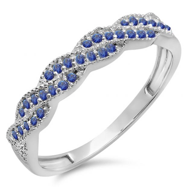 0.25 Carat (ctw) 14k White Gold Round Blue Sapphire Ladies Anniversary Wedding Stackable Band Swirl Ring 1/4 CT
