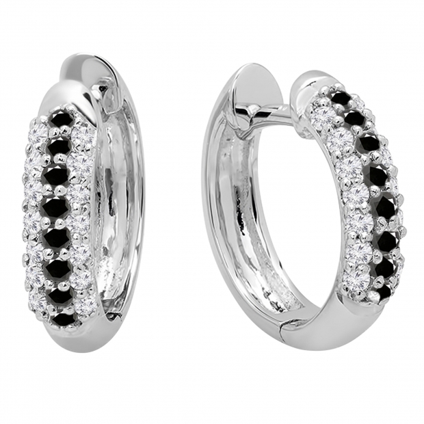 0.30 Carat (ctw) 10k White Gold Round White & Black Diamond Ladies Pave Set Huggies Hoop Earrings 1/3 CT