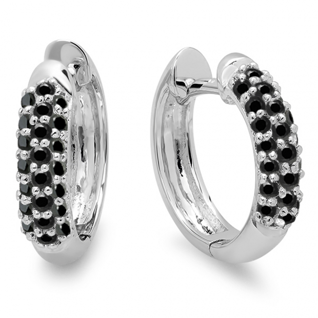 0.30 Carat (ctw) 10k White Gold Round Black Diamond Ladies Pave Set Huggies Hoop Earrings 1/3 CT
