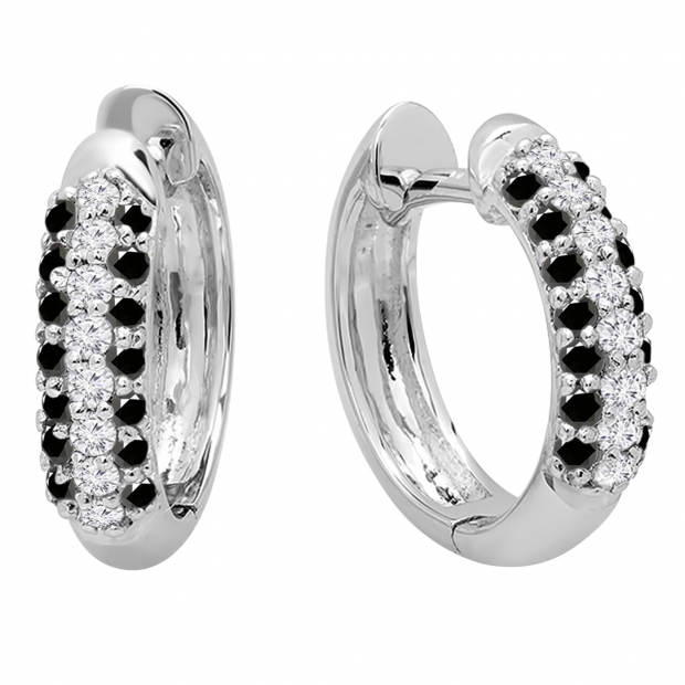 0.30 Carat (ctw) 10k White Gold Round Black & White Diamond Ladies Pave Set Huggies Hoop Earrings 1/3 CT