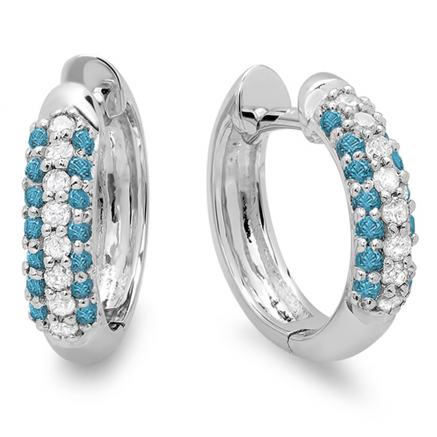 0.30 Carat (ctw) 10k White Gold Round Blue & White Diamond Ladies Pave Set Huggies Hoop Earrings 1/3 CT