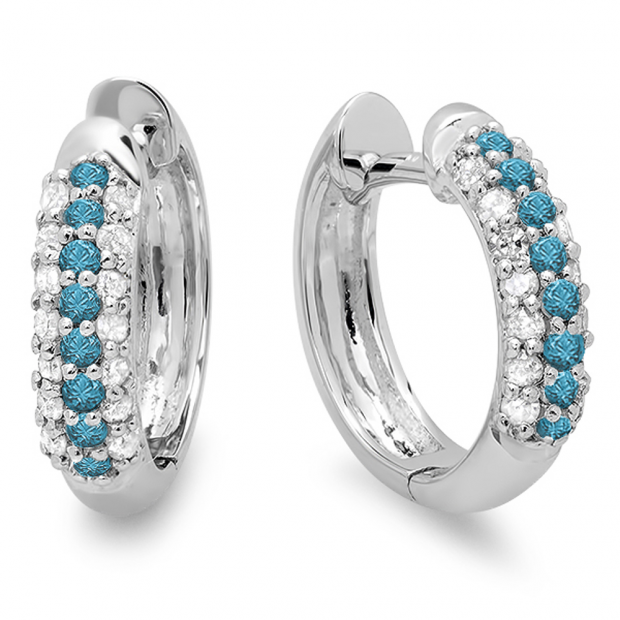0.30 Carat (ctw) 10k White Gold Round White & Blue Diamond Ladies Pave Set Huggies Hoop Earrings 1/3 CT