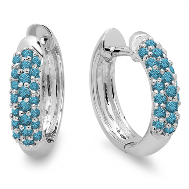 0.30 Carat (ctw) 10k White Gold Round Blue Diamond Ladies Pave Set Huggies Hoop Earrings 1/3 CT