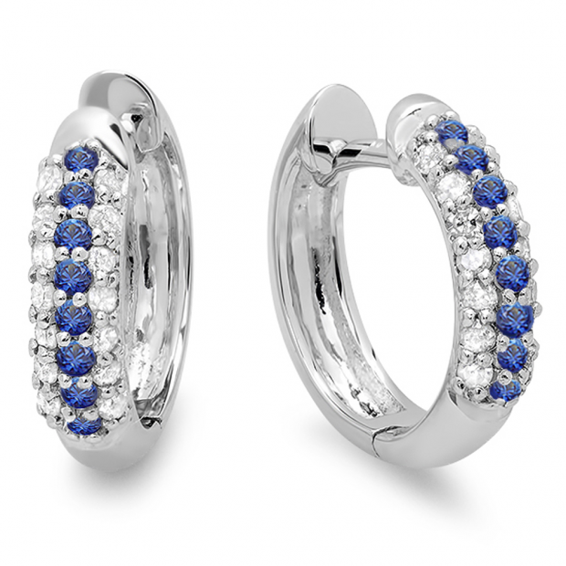 0.30 Carat (ctw) 10k White Gold Round White Diamond & Blue Sapphire Ladies Pave Set Huggies Hoop Earrings 1/3 CT
