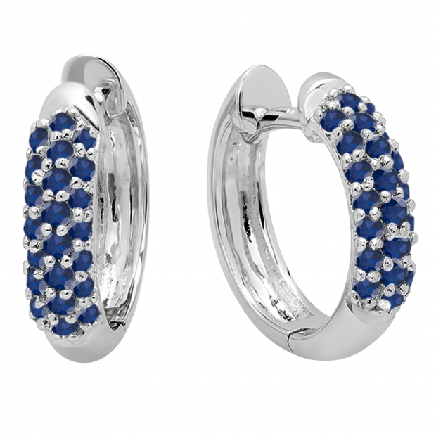 0.30 Carat (ctw) 18k White Gold Round Blue Sapphire Ladies Pave Set Huggies Hoop Earrings 1/3 CT