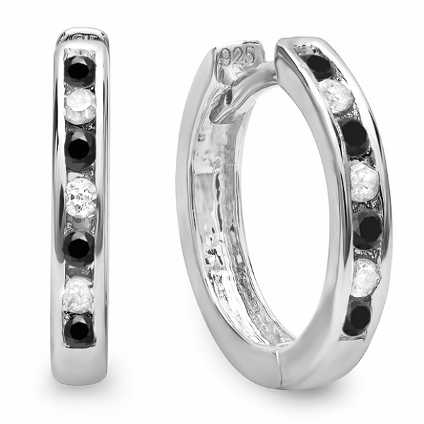 0.15 Carat (ctw) Small 11mm Sterling Silver Round Black & White Diamond Huggie Hoop Earrings