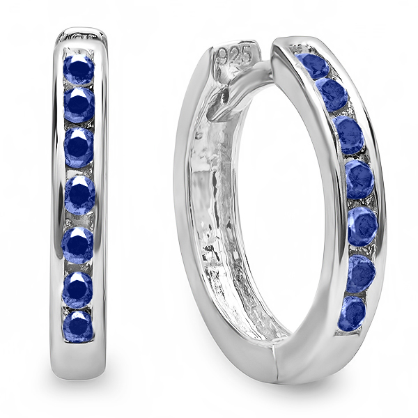 0.15 Carat (ctw) Small 11mm Sterling Silver Round Blue Sapphire Huggie Hoop Earrings