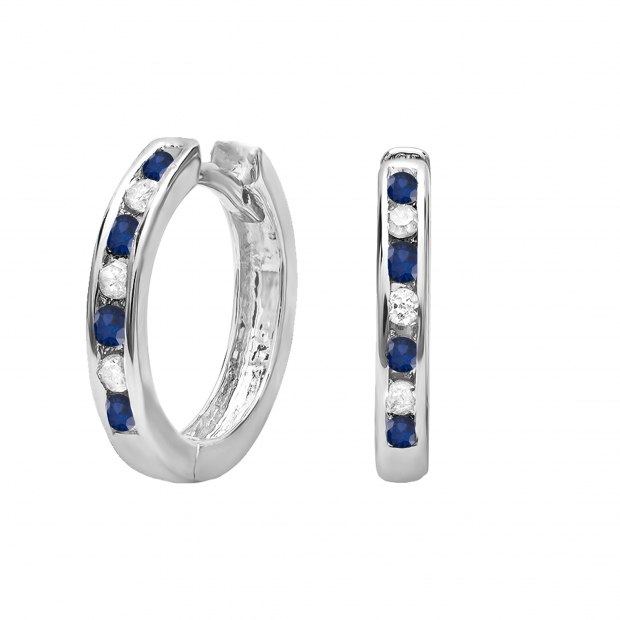 0.15 Carat (ctw) Small 11mm Sterling Silver Round Blue Sapphire & White Diamond Huggie Hoop Earrings