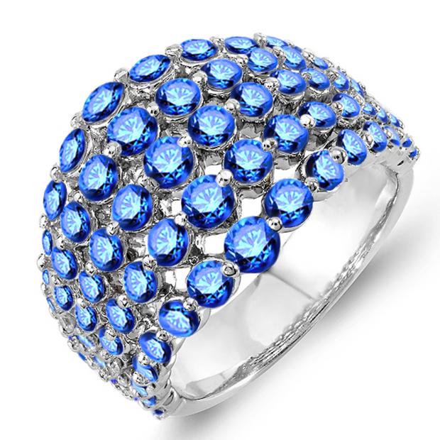 3.25 Carat (ctw) 14k White Gold Round Blue Sapphire Ladies Cocktail Right Hand Ring 3 1/4 CT