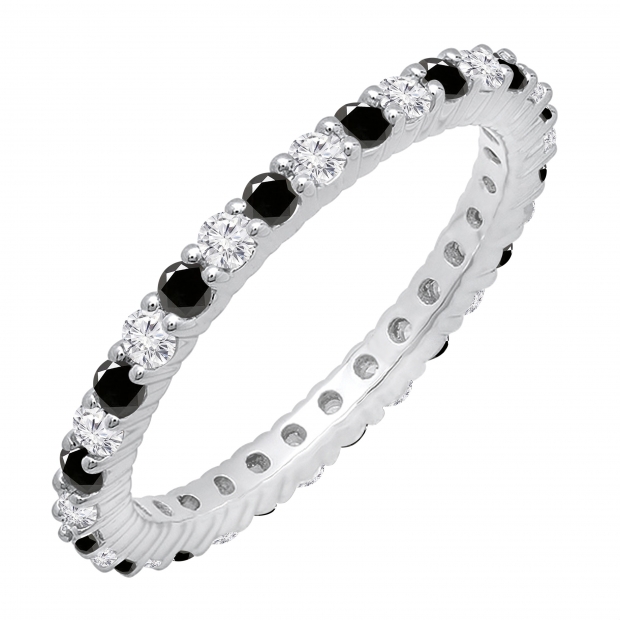1.00 Carat (Ctw) Alternating Round Black & White Diamond Eternity Stackable Wedding Band For Her In 14K White Gold