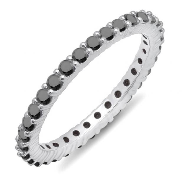 1.00 Carat (ctw) 14k White Gold Round Black Diamond Ladies Eternity Anniversary Stackable Ring Wedding Band 1 CT