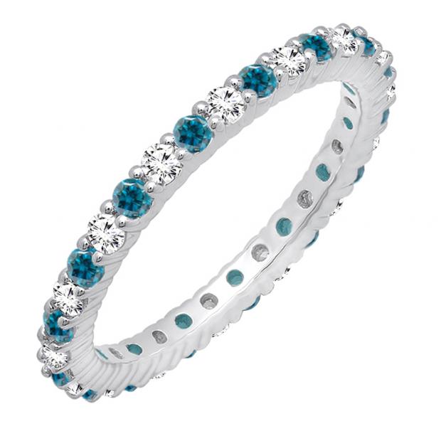 1.00 Carat (ctw) 14k White Gold Round Blue & White Diamond Ladies Eternity Anniversary Stackable Ring Wedding Band 1 CT