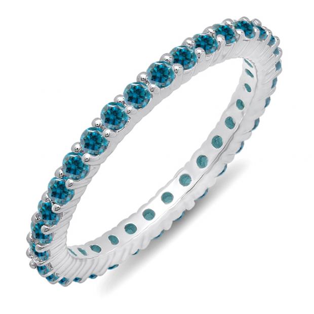 1.00 Carat (ctw) 10k White Gold Round Blue Diamond Ladies Eternity Anniversary Stackable Ring Wedding Band 1 CT