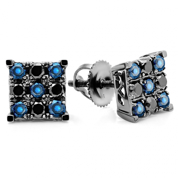 1.00 Carat (ctw) 10k White Gold Round Black & Blue Diamond Men