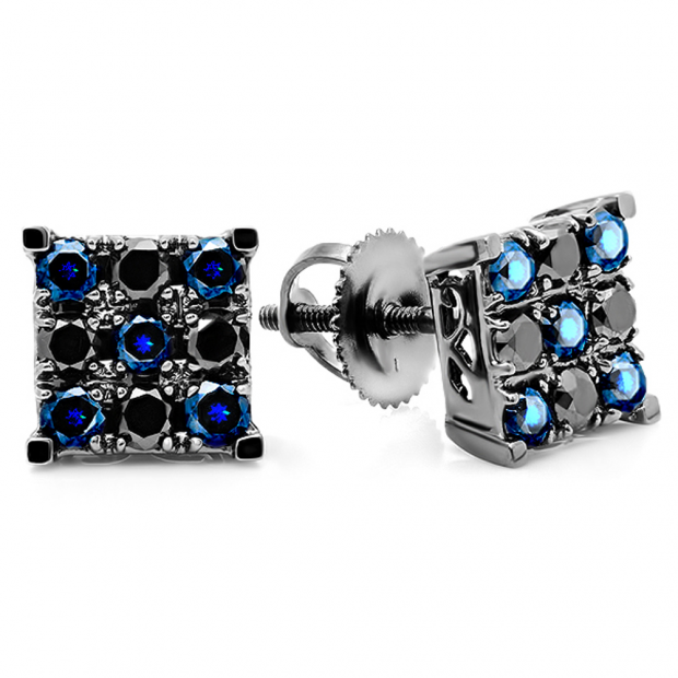 1.00 Carat (ctw) 10k White Gold Round Black Diamond & Blue Sapphire Men