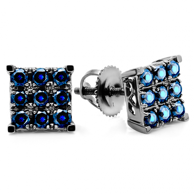 1.00 Carat (ctw)Black Rhodium Plated 14k White Gold Round Blue Sapphire Men