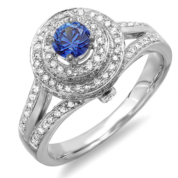 1.25 Carat (ctw) 14K White Gold Round Blue Sapphire and White Diamond Ladies Halo Style Split Shank Vintage Bridal Engagement Ring 1 1/4 CT