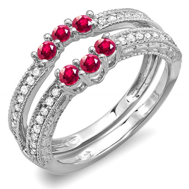 0.60 Carat (ctw) 14k White Gold Round Ruby And White Diamond Ladies Anniversary Wedding Band Enhancer Guard