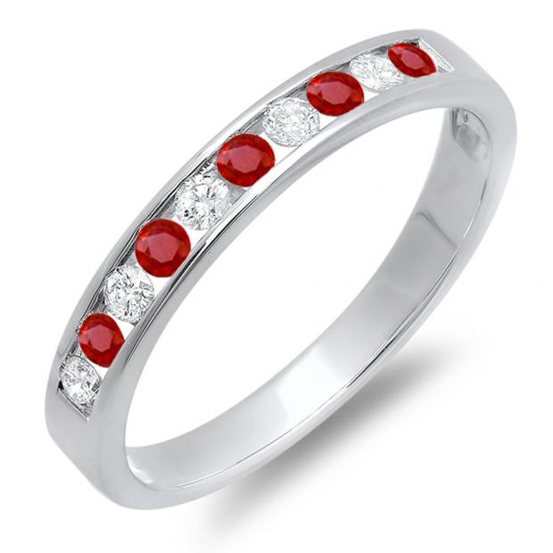 0.40 Carat (ctw) 18k White Gold Round Ruby And White Diamond Ladies Anniversary Wedding Stackable Ring Band