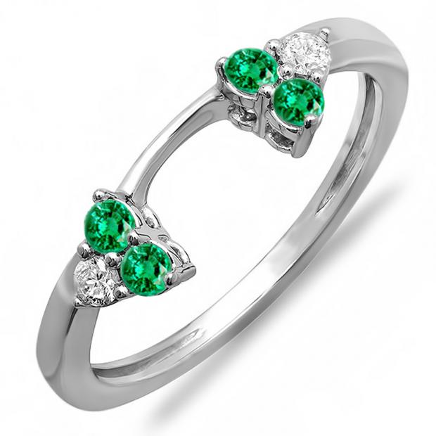 0.30 Carat (ctw) 14K White Gold Round Green Emerald And White Diamond Ladies Anniversary Wedding Ring Matching Guard Band 1/3 CT