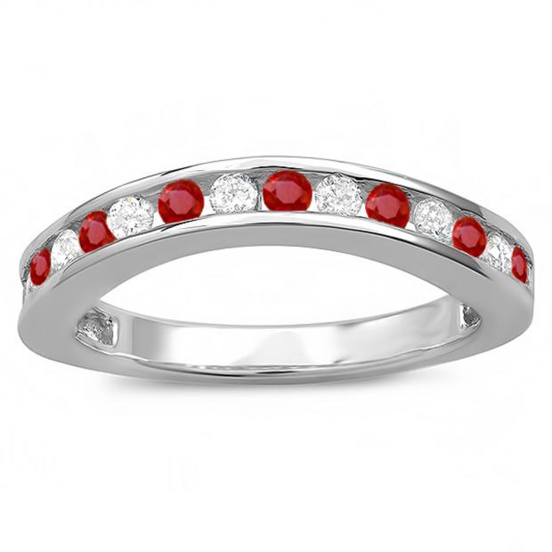 0.75 Carat (ctw) 14k White Gold Round Ruby And White Diamond Ladies Curved Guard Matching Bridal Wedding Band 3/4 CT