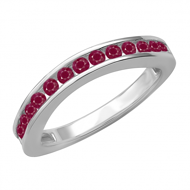 0.75 Carat (ctw) 14k White Gold Round Ruby Ladies Curved Guard Matching Bridal Wedding Band 3/4 CT