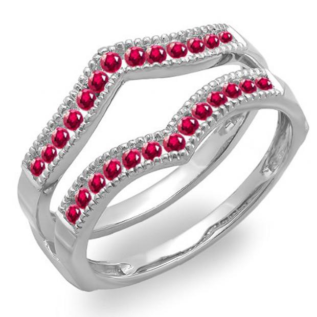 0.45 Carat (ctw) 18k White Gold Round Ruby Ladies Milgrain Anniversary Wedding Band Guard Double Ring 1/2 CT