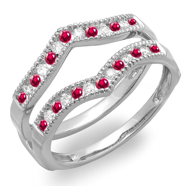 0.45 Carat (ctw) 14k White Gold Round Ruby & White Diamond Ladies Milgrain Anniversary Wedding Band Guard Double Ring 1/2 CT
