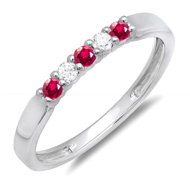 0.25 Carat (ctw) 10k White Gold Round Ruby And White Diamond 5 Stone Ladies Anniversary Wedding Band Ring 1/4 CT