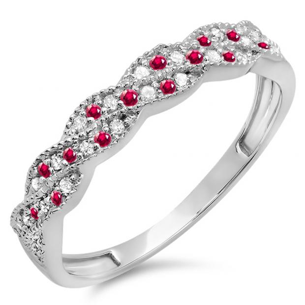 0.25 Carat (ctw) 18k White Gold Round Ruby & White Diamond Ladies Anniversary Wedding Stackable Band Swirl Ring 1/4 CT