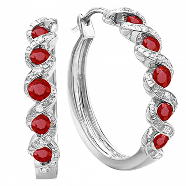 0.86 Carat (ctw) Sterling Silver Round White Diamond & Ruby Ladies Hoop Earrings
