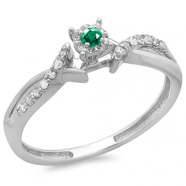 0.15 Carat (ctw) 10k White Gold Round Green Emerald And White Diamond Crossover Split Shank Ladies Bridal Promise Engagement Ring 1/6 CT
