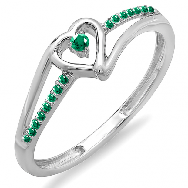 0.10 Carat (ctw) 14K White Gold Round Green Emerald Ladies Bridal Promise Heart Split Shank Engagement Ring 1/10 CT