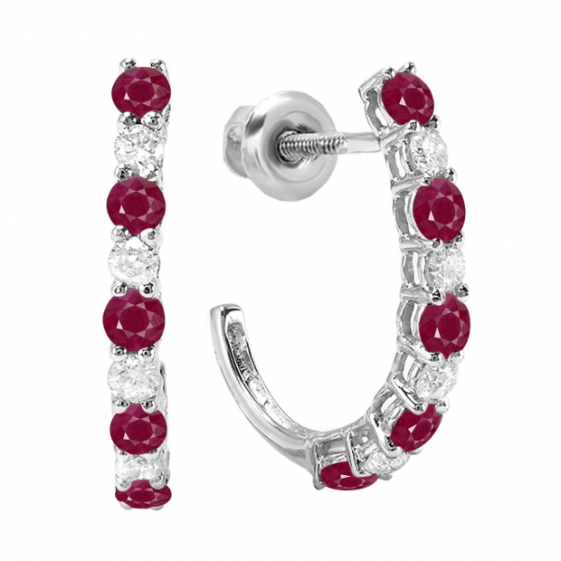 0.50 Carat (ctw) 14K White Gold Round Ruby & White Diamond Ladies Fancy J Shaped Hoop Earrings 1/2 CT