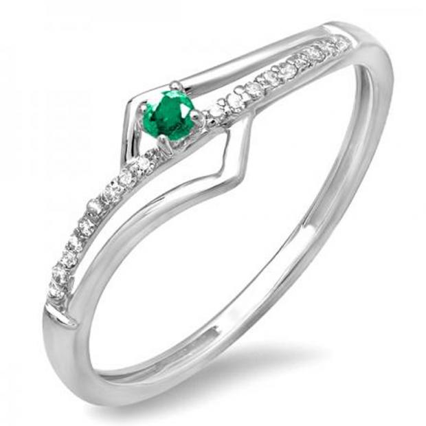 0.10 Carat (ctw) 18k White Gold Round Green Emerald And White Diamond Wave Ladies Bridal Promise Engagement Ring 1/5 CT