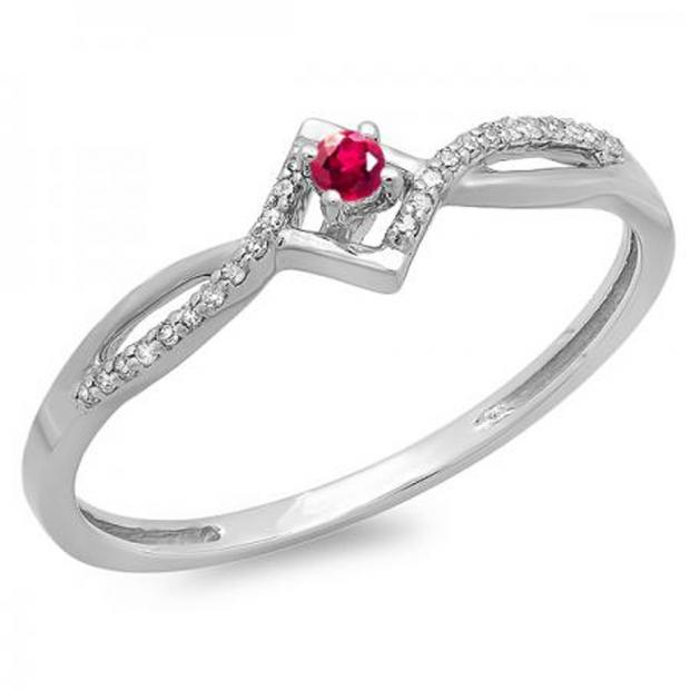 0.15 Carat (ctw) 10k White Gold Round Ruby And White Diamond Ladies Promise Engagement Ring