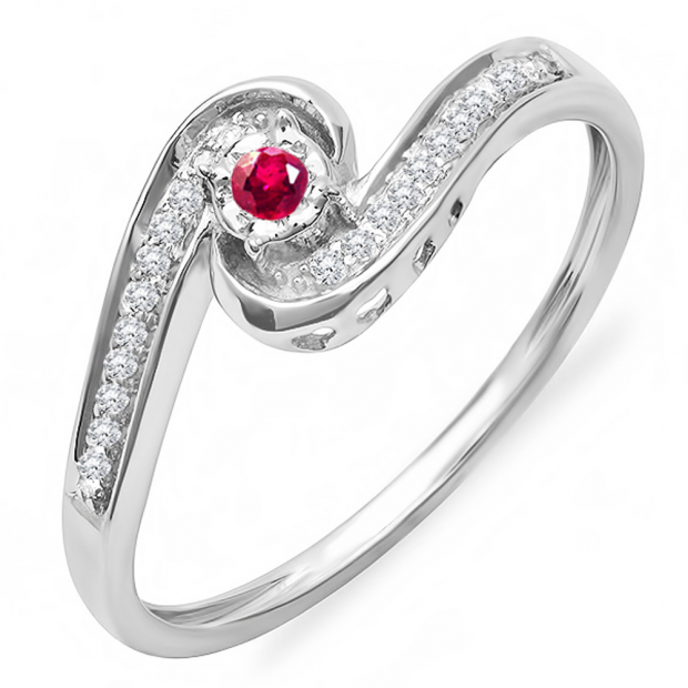 0.15 Carat (ctw) 18k White Gold Round Ruby And White Diamond Ladies Swirl Promise Engagement Ring
