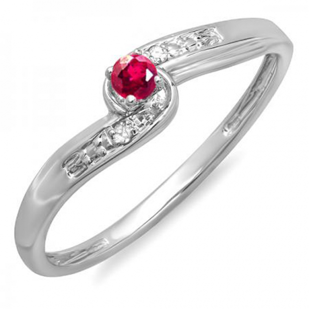 0.10 Carat (ctw) 10k White Gold Round Ruby And White Diamond Crossover Swirl Ladies Bridal Promise Engagement Ring 1/10 CT