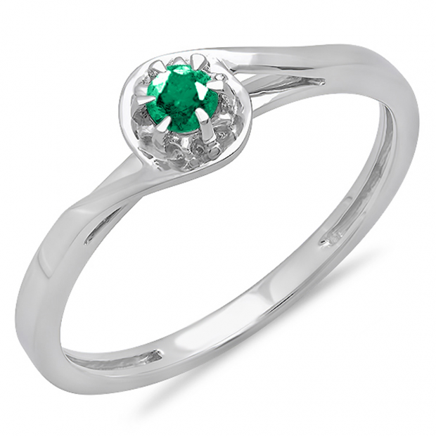 0.12 Carat (ctw) 10K White Gold Round Cut Green Emerald Ladies Twisted Style Solitaire Bridal Promise Ring