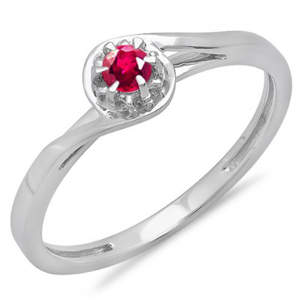 0.12 Carat (ctw) 10K White Gold Round Cut Ruby Ladies Twisted Style Solitaire Bridal Promise Ring