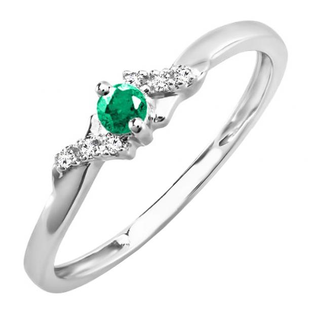0.18 Carat (ctw) 18k White Gold Round Green Emerald And White Diamond Ladies Bridal Promise Engagement Ring