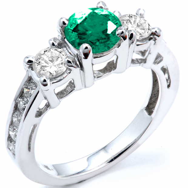 2.55 Carat (ctw) 14k White Gold Round Green Emerald And White Diamond Ladies Bridal Engagement Ring 2 1/2 CT