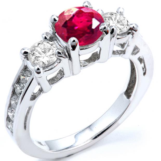 1.80 Carat (ctw) 14k White Gold Round Red Ruby And White Diamond Ladies Bridal Engagement Ring